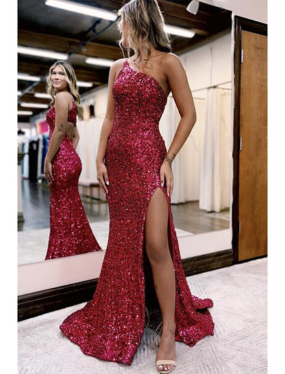 Mermaid / Trumpet Prom Dresses Sparkle & Shine Dress Formal Court Train Sleeveless One Shoulder Sequined with Sequin Slit