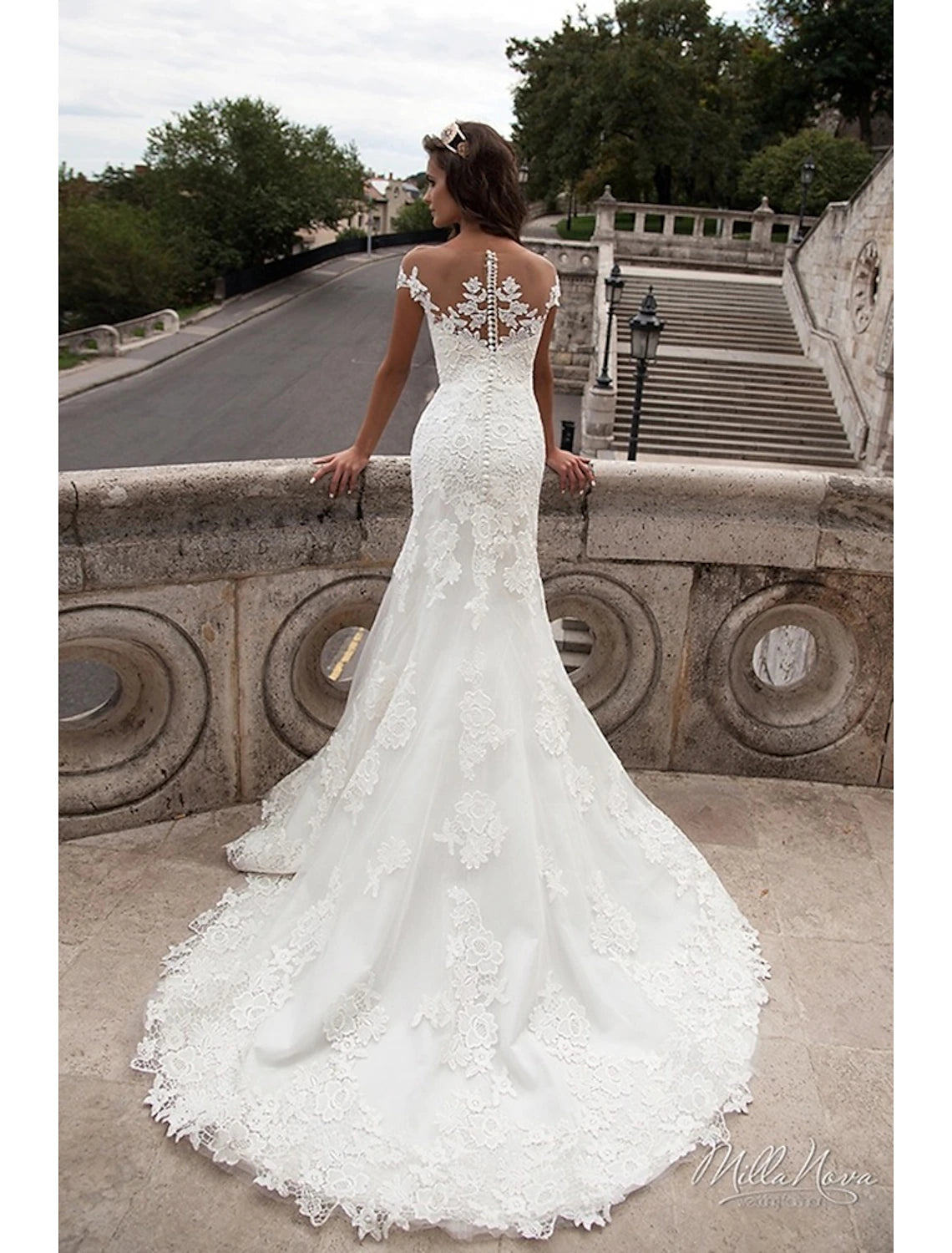 Engagement Open Back Formal Wedding Dresses Mermaid / Trumpet Off Shoulder Cap Sleeve Court Train Lace Bridal Gowns With Appliques