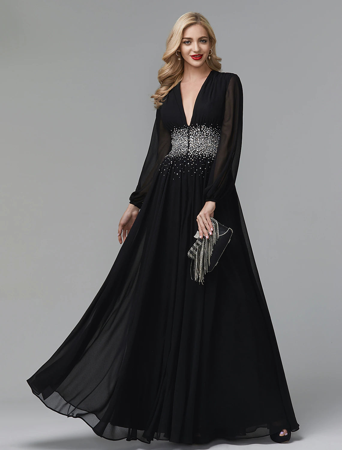 A-Line Evening Dress Celebrity Red Carpet Formal Gown Black Tie Wedding Guest Floor Length Long Sleeve V Neck Chiffon with Sequin