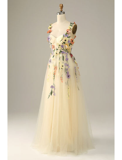 A-Line Wedding Guest Dresses Floral Dress Holiday Floor Length Sleeveless Spaghetti Strap Tulle with Appliques