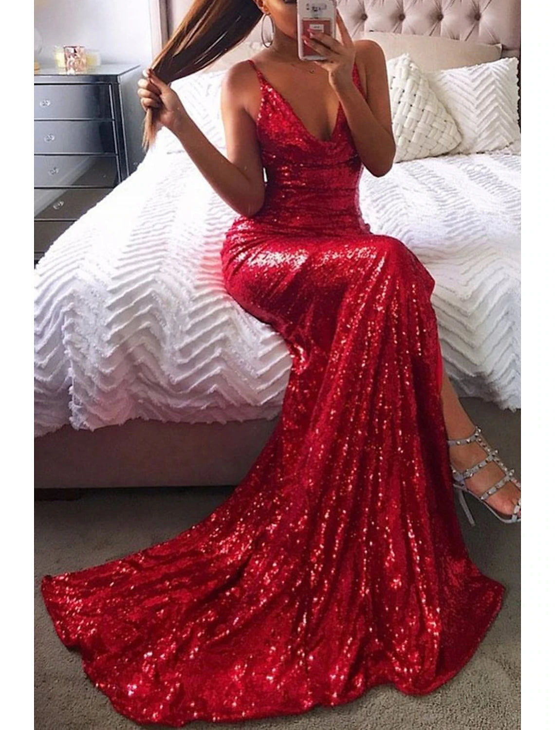 Mermaid / Trumpet Prom Dresses Sparkle & Shine Dress Formal Prom Court Train Sleeveless Strapless Sequined Backless with Sequin