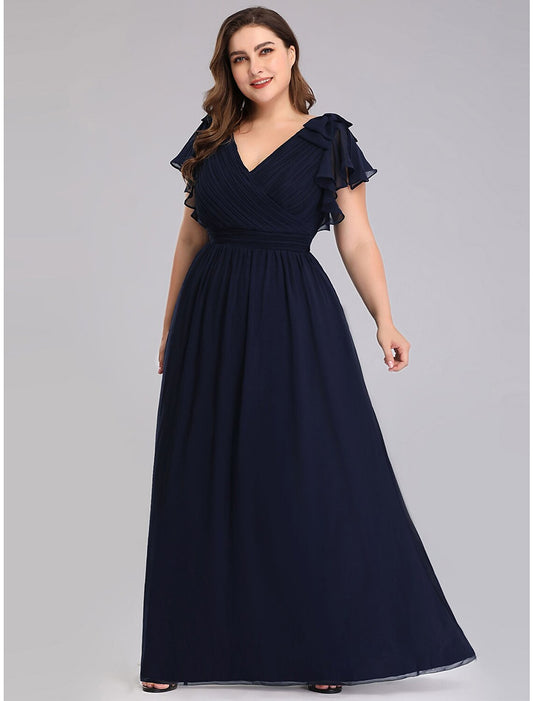 A-Line Mother of the Bride Dress Plus Size V Neck Floor Length Chiffon Short Sleeve with Ruffles Ruching