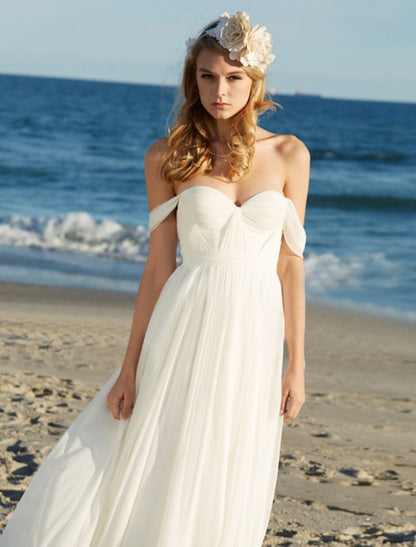 Beach Sexy Boho Wedding Dresses A-Line Off Shoulder Cap Sleeve Floor Length Chiffon Bridal Gowns With Pleats