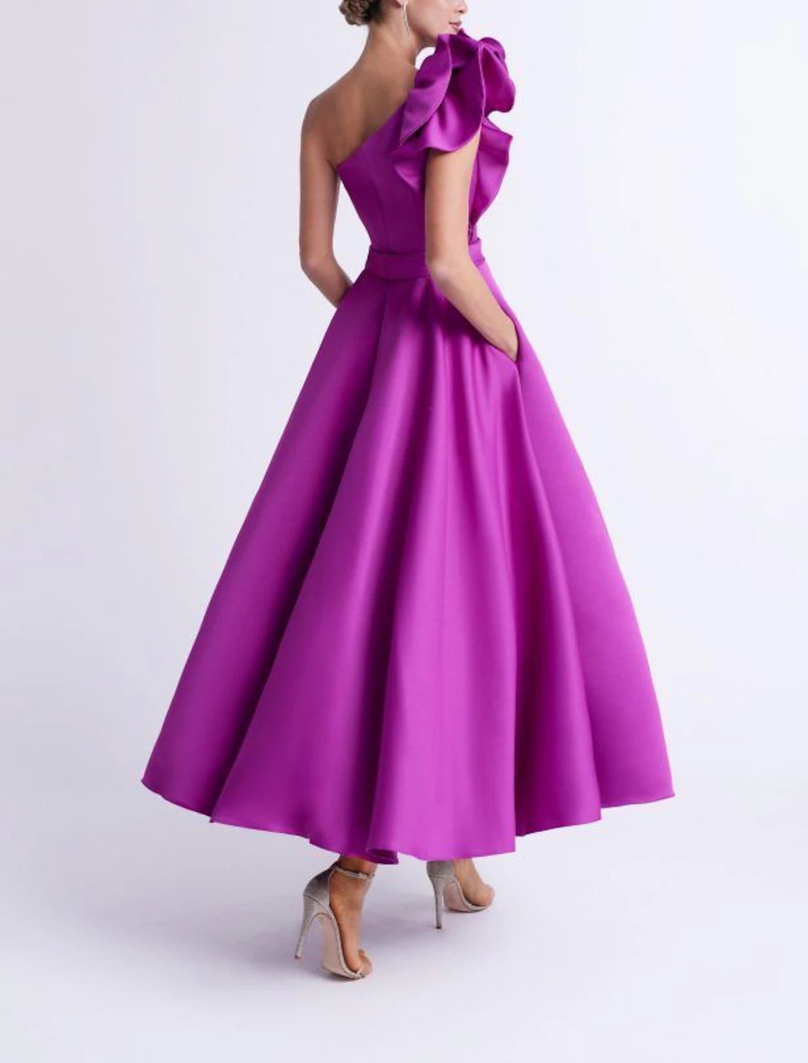 A-Line Cocktail Dresses Elegant Dress Party Wear Wedding Guest Ankle Length Sleeveless One Shoulder Pocket Satin with Ruffles