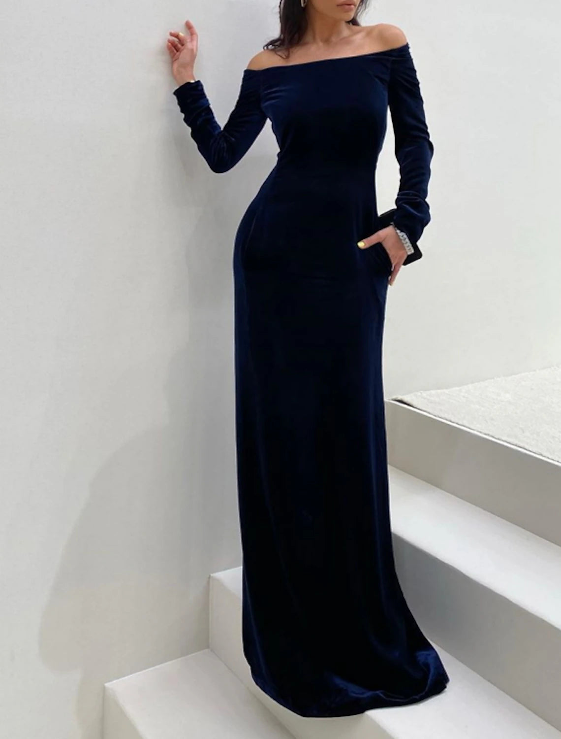 Sheath / Column Evening Gown Elegant Dress Formal Evening Floor Length Long Sleeve Off Shoulder Fall Wedding Guest Velvet with Sleek