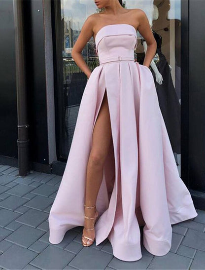 A-Line Prom Dresses Minimalist Dress Wedding Guest Prom Floor Length Sleeveless Strapless Lace with Pleats Slit