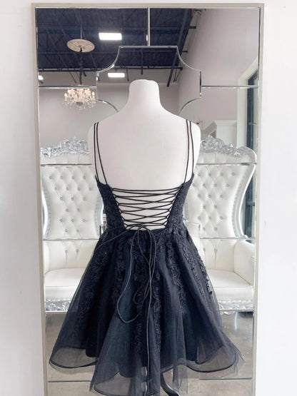 Tulle lace applique beads short prom dress