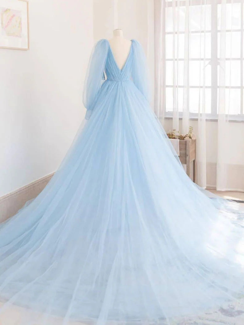 V neck tulle long prom dress