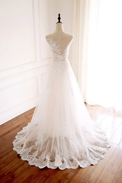 Round neck tulle lace long wedding dress