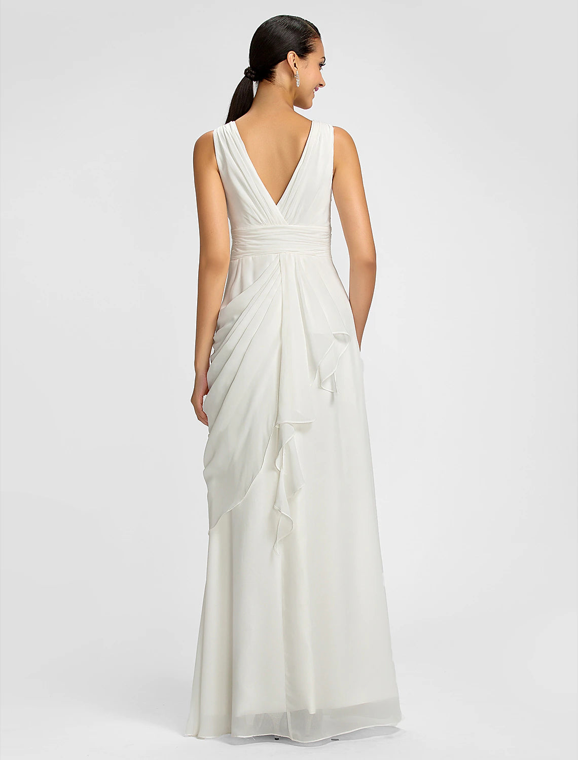 Sheath / Column V Neck Floor Length Chiffon Bridesmaid Dress with Draping / Sash / Ribbon / Side Draping