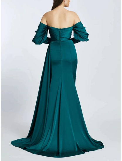 A-Line Evening Gown High Split Dress Formal Sweep / Brush Train Long Sleeve Off Shoulder Satin with Pleats Ruched Slit