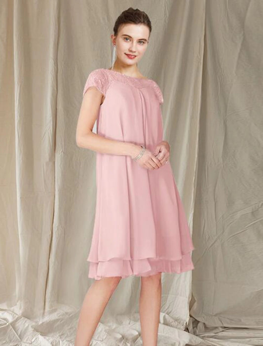 A-Line Mother of the Bride Dress Elegant Jewel Neck Knee Length Chiffon Lace Short Sleeve with Pleats