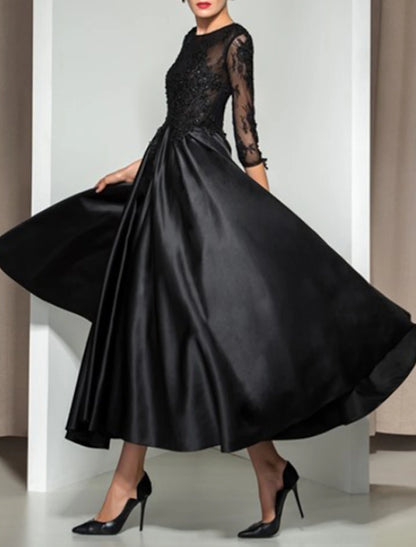 A-Line Evening Gown Elegant Dress Wedding Guest Cocktail Party Ankle Length 3/4 Length Sleeve Illusion Neck Fall Wedding Guest Satin with Appliques