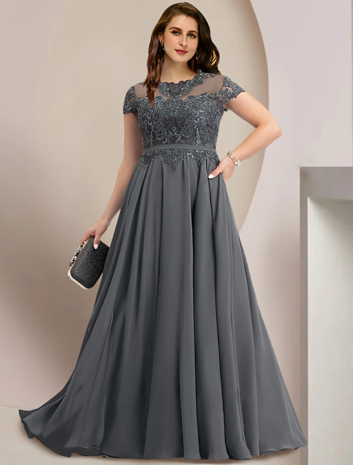 Plus Size Curve Mother of the Bride Dress Wedding Guest Party Elegant Jewel Neck Floor Length Chiffon Lace Short Sleeve with Pleats Sequin