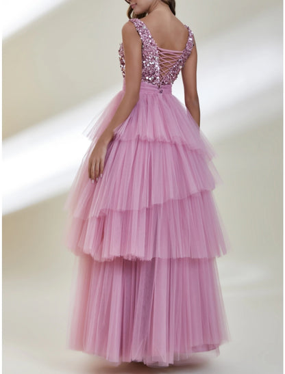 A-Line Prom Dresses Elegant Dress Formal Floor Length Sleeveless V Neck Tulle with Pleats Sequin