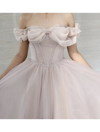 A-Line Prom Dresses Empire Dress Prom Formal Evening Sweep / Brush Train Short Sleeve Sweetheart Tulle with Pleats Beading