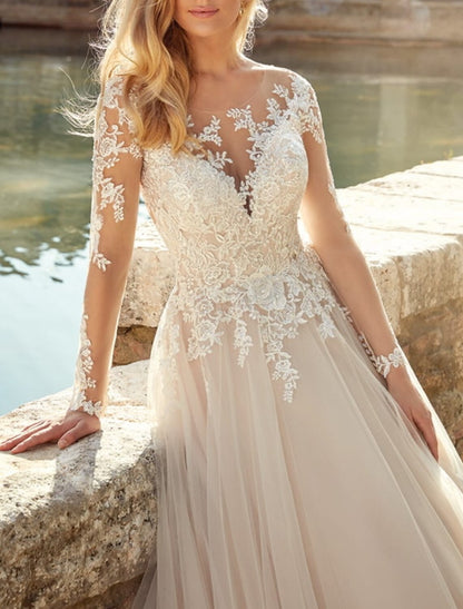 Engagement Formal Wedding Dresses A-Line Illusion Neck Long Sleeve Sweep / Brush Train Lace Bridal Gowns With Appliques