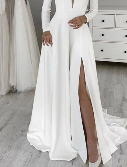 Hall Simple Wedding Dresses A-Line V Neck Long Sleeve Sweep / Brush Train Stretch Fabric Bridal Gowns