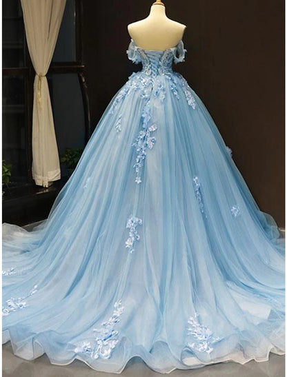 Ball Gown Prom Dresses Floral Wedding Dress Quinceanera Court Train Short Sleeve Sweetheart Lace with Pleats Appliques