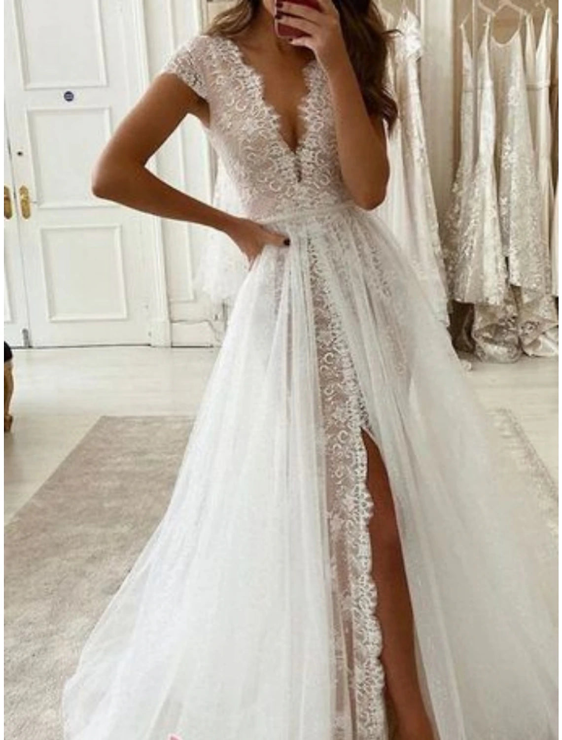 Beach Formal Wedding Dresses A-Line V Neck Short Sleeve Sweep / Brush Train Lace Bridal Gowns With Pleats Split Front