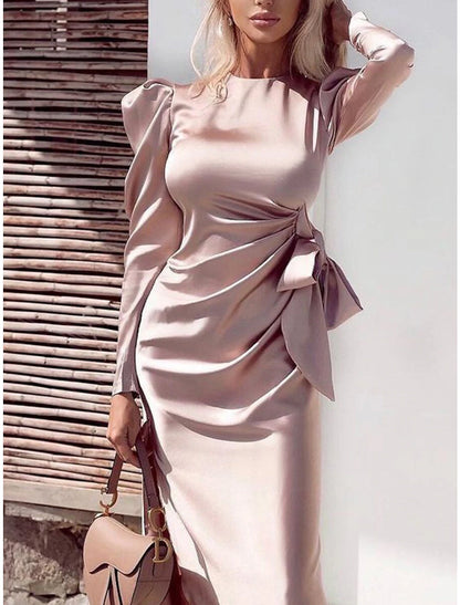 Sheath / Column Cocktail Dresses Party Dress Party Wear Prom Asymmetrical Long Sleeve Jewel Neck Fall Wedding Guest Charmeuse with Draping Pure Color