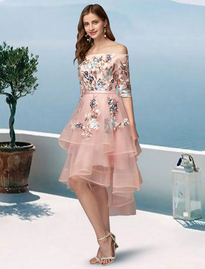 A-Line Prom Dresses Floral Dress Evening Party Wedding Party Asymmetrical Half Sleeve Off Shoulder Satin with Embroidery Appliques