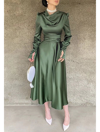 A-Line Cocktail Dress Red Green Dresses Elegant Dress Wedding Guest Fall Tea Length Long Sleeve Cowl Neck Bridesmaid Dress Red Green Dress Satin with Ruched