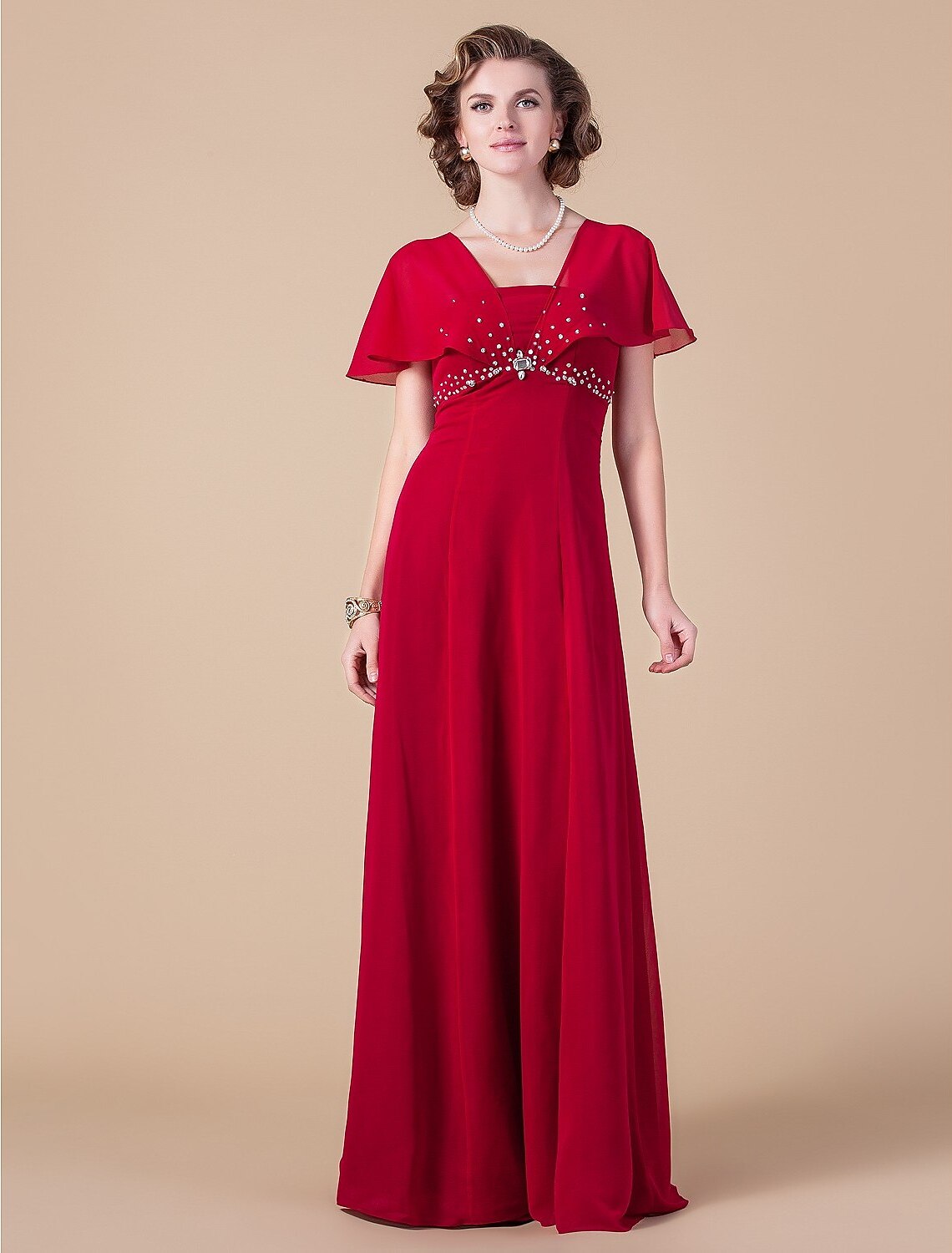 Sheath / Column Mother of the Bride Dress Elegant Square Neck Floor Length Chiffon Short Sleeve No with Beading