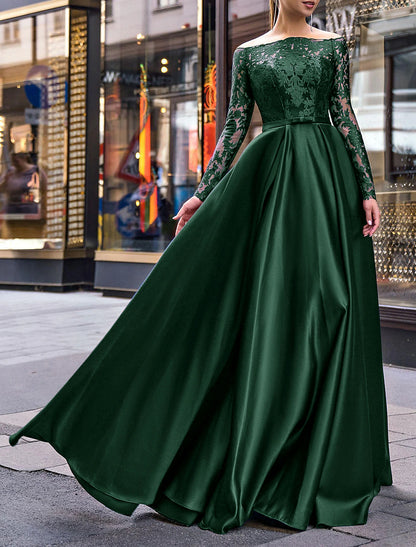 A-Line Evening Gown Party Dress Elegant Dress Wedding Guest Fall Floor Length Long Sleeve Off Shoulder Belt / Sash Satin with Appliques