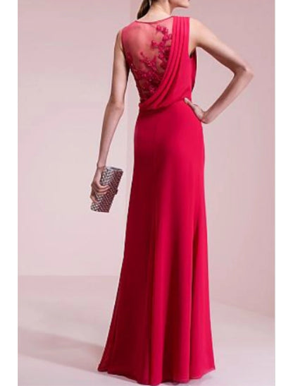 A-Line Evening Gown Beautiful Back Dress Wedding Guest Formal Evening Floor Length Sleeveless Jewel Neck Chiffon with Lace Insert Crystal Brooch