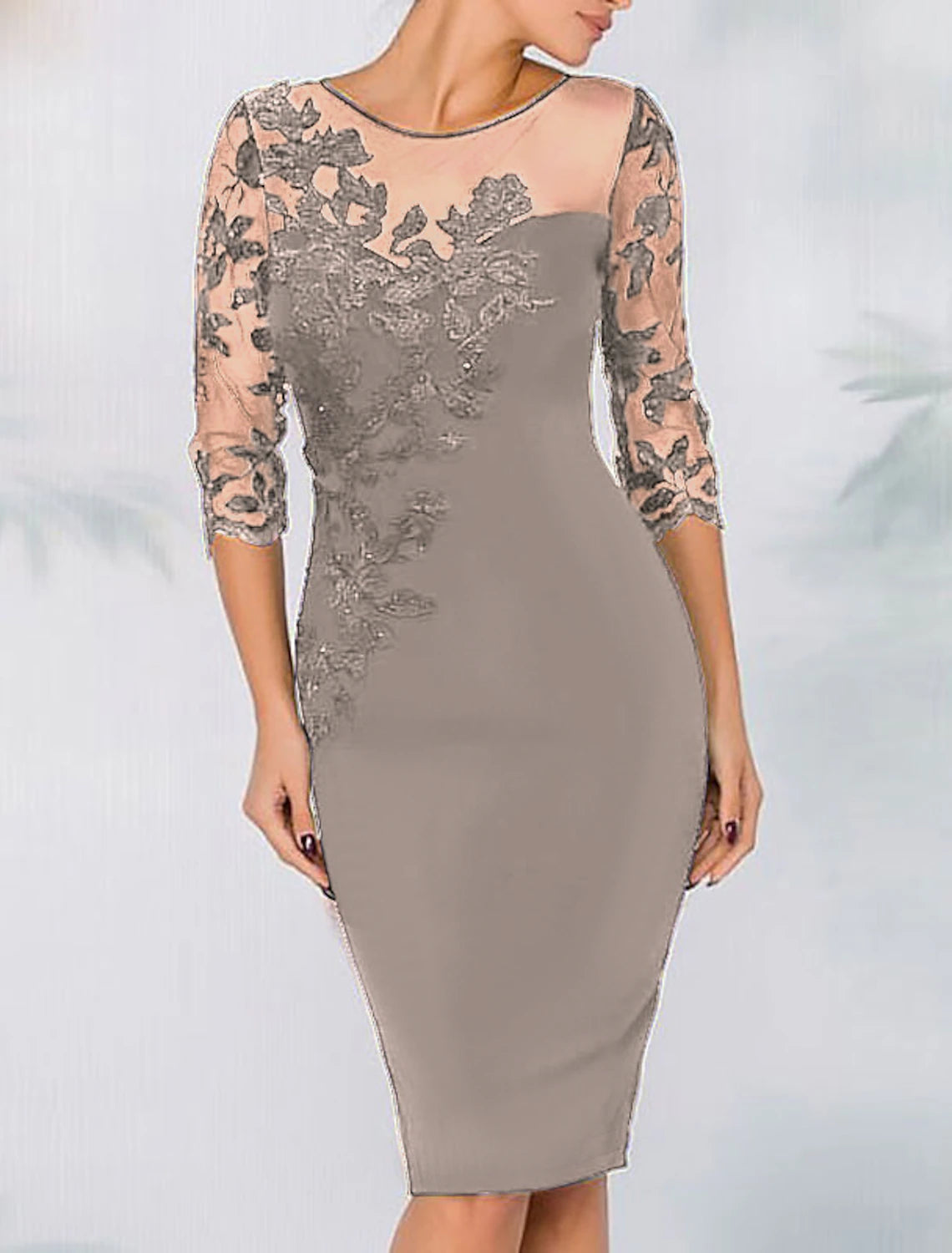 Sheath Cocktail Elegant Dress Fall Wedding Guest Dress Long Sleeve Black Dress Plus Size Midi Dress Floral Embroidery Illusion Neck With Beading Lace