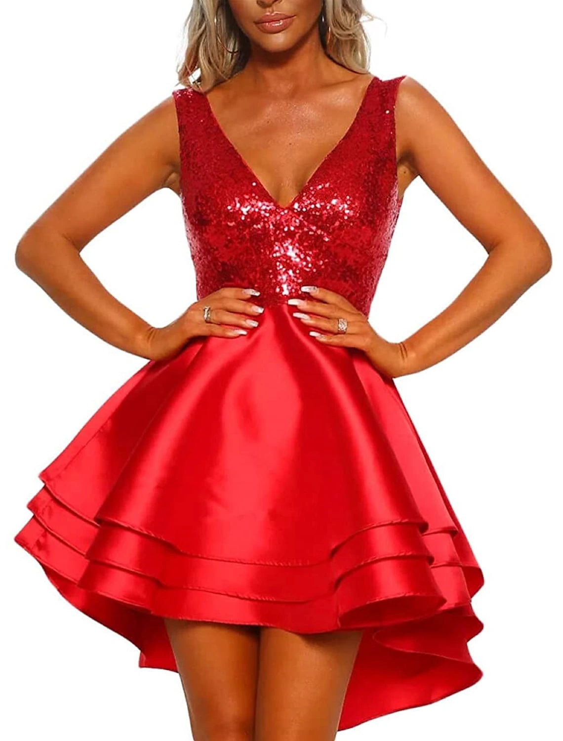 A-Line WE Party Dress Homecoming Cocktail Party Asymmetrical Sleeveless V Neck Pink Dress Satin with Sequin Tiered