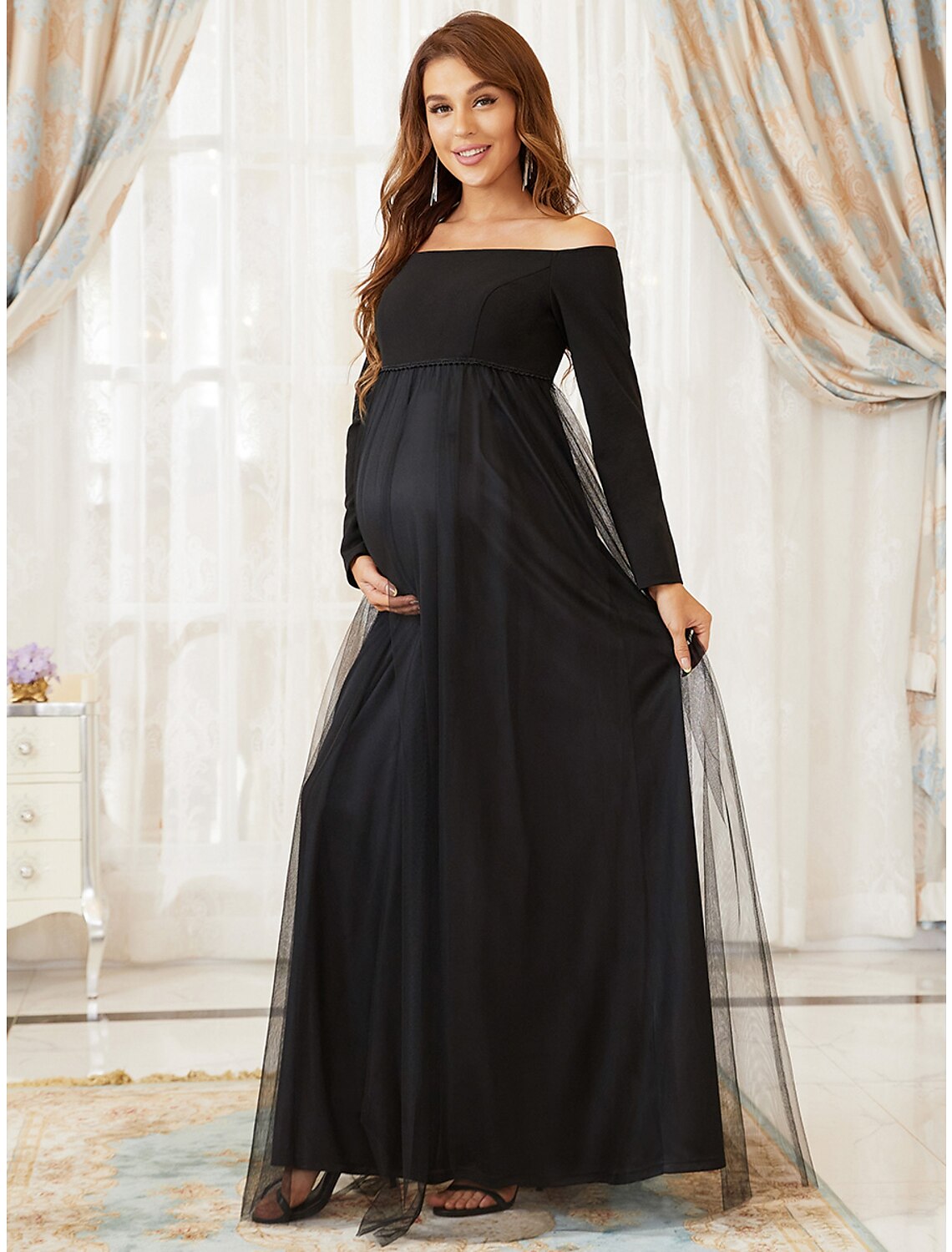 A-Line Mother of the Bride Dress Maternity Elegant Off Shoulder Floor Length Tulle Long Sleeve with Tier