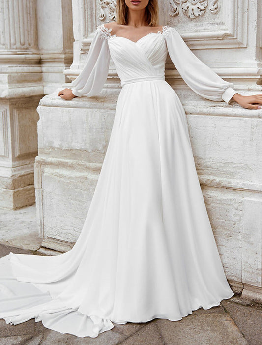 Beach Boho Fall Wedding Dresses A-Line Off Shoulder Long Sleeve Court Train Chiffon Bridal Gowns With Appliques Solid Color