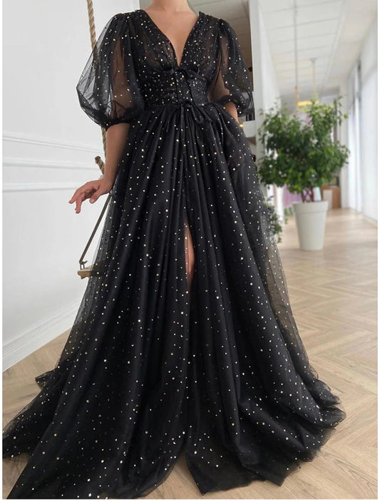 A-Line Prom Dresses Elegant Dress Wedding Guest Prom Court Train Half Sleeve V Neck Wednesday Addams Family Tulle V Back with Bow(s) Sequin Slit