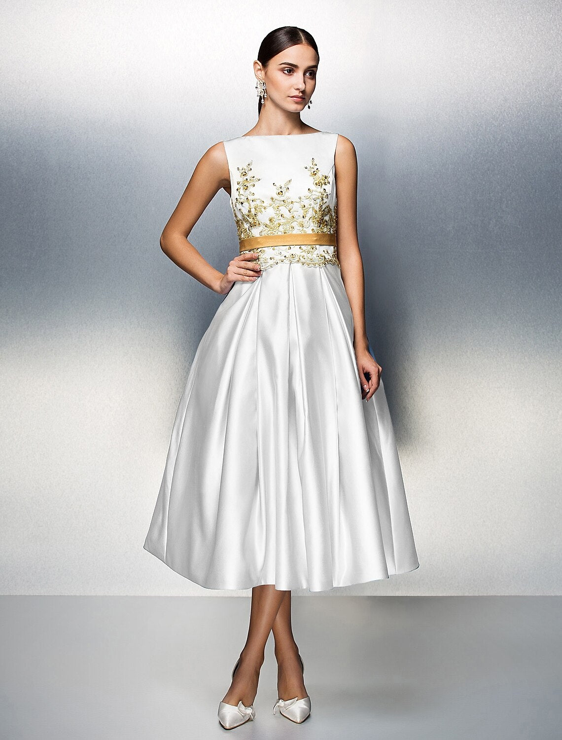 A-Line Party Dress Wedding Guest Tea Length Sleeveless Jewel Neck Satin V Back with Pleats Appliques