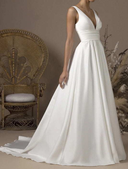 Hall Simple Wedding Dresses A-Line V Neck Sleeveless Sweep / Brush Train Satin Bridal Gowns With Pleats