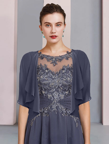 Two Piece A-Line Mother of the Bride Dress Formal Wedding Guest Elegant Scoop Neck Asymmetrical Tea Length Chiffon Lace Short Sleeve Wrap Included with Beading Appliques