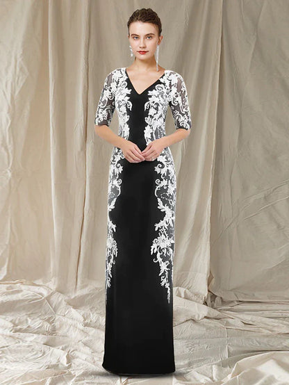 Wholesa Sheath / Column Mother of the Bride Dress Elegant V Neck Floor Length Chiffon Lace Half Sleeve with Appliques