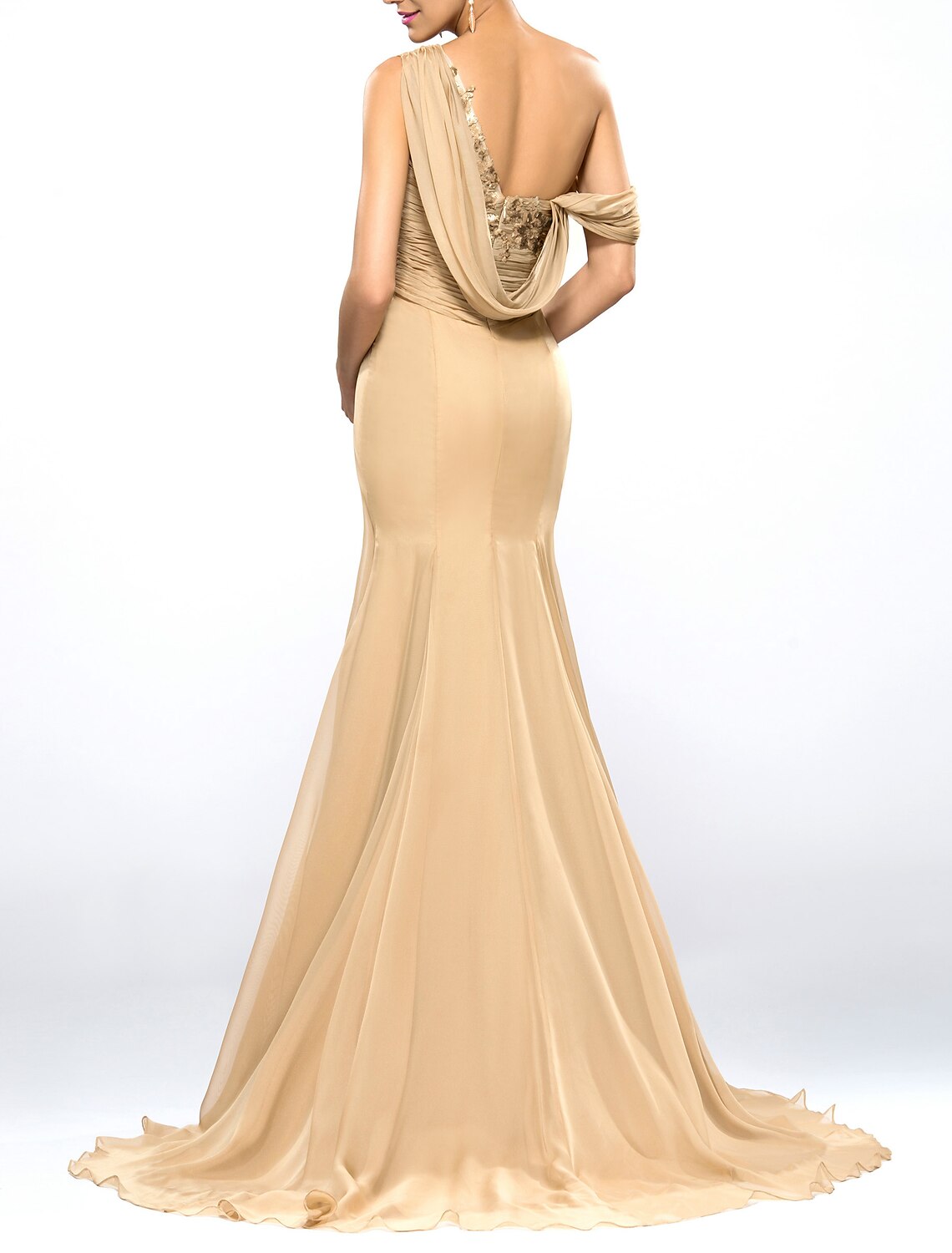 Mermaid / Trumpet Beautiful Back Sexy Wedding Guest Formal Evening Dress One Shoulder Cowl Back Sleeveless Sweep / Brush Train Chiffon with Slit Appliques