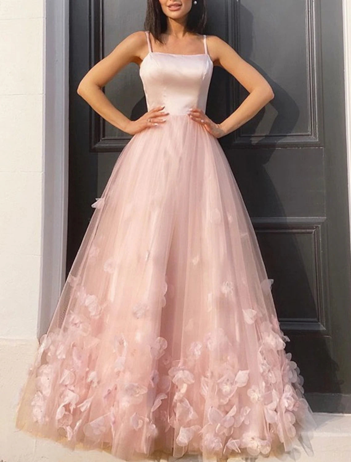 A-Line Prom Party Dress Floral Dress Performance Sweet 16 Floor Length Sleeveless Spaghetti Strap Tulle with Pleats Appliques