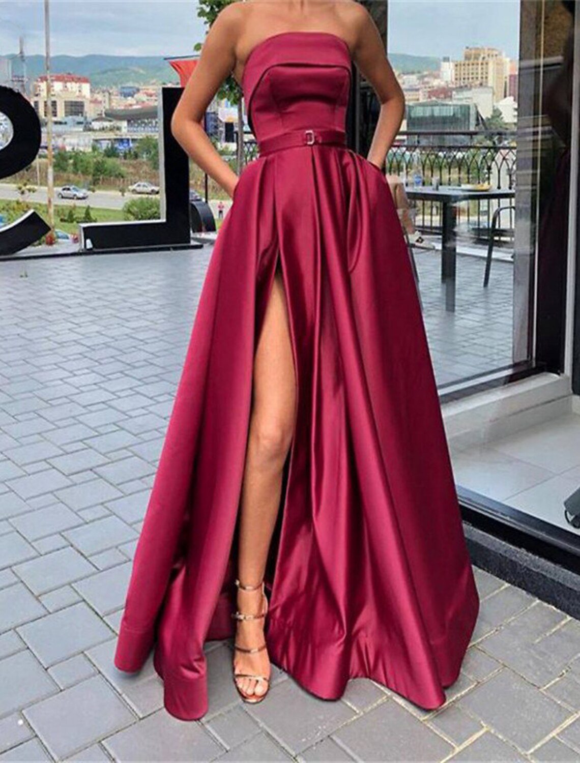 A-Line Prom Dresses Minimalist Dress Wedding Guest Prom Floor Length Sleeveless Strapless Lace with Pleats Slit