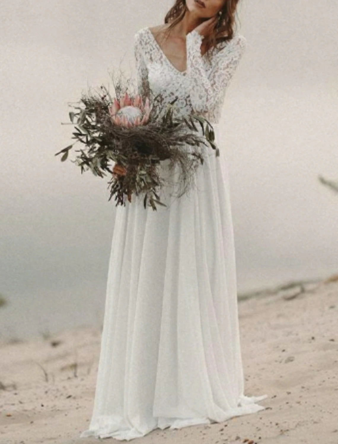 Beach Boho Wedding Dresses A-Line V Neck Long Sleeve Sweep / Brush Train Chiffon Bridal Gowns