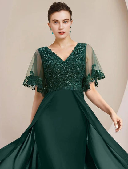 Sheath / Column Mother of the Bride Dress Formal Wedding Guest Elegant V Neck Floor Length Chiffon Lace Tulle Short Sleeve with Sequin Appliques