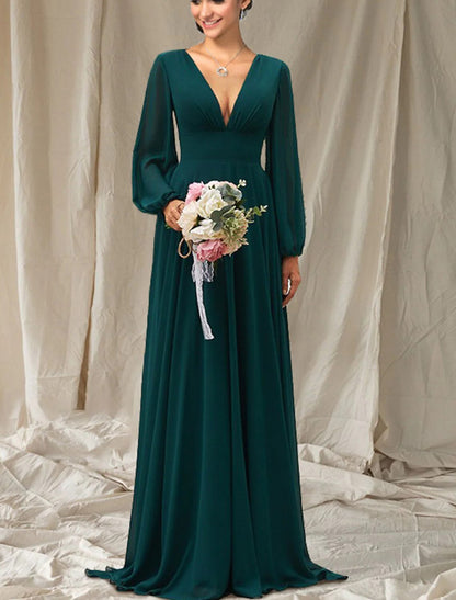 A-Line Wedding Guest Dresses Minimalist Dress Summer Wedding Reception Floor Length Long Sleeve V Neck Bridesmaid Dress Chiffon with Ruched