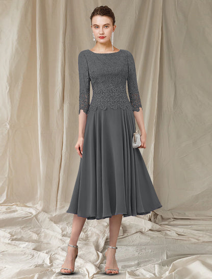 A-Line Mother of the Bride Dress Elegant Jewel Neck Tea Length Chiffon Lace 3/4 Length Sleeve with Pleats Appliques