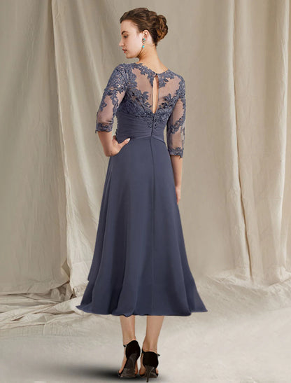 A-Line Mother of the Bride Dress Plus Size Elegant Jewel Neck Tea Length Chiffon Lace 3/4 Length Sleeve with Pleats Appliques