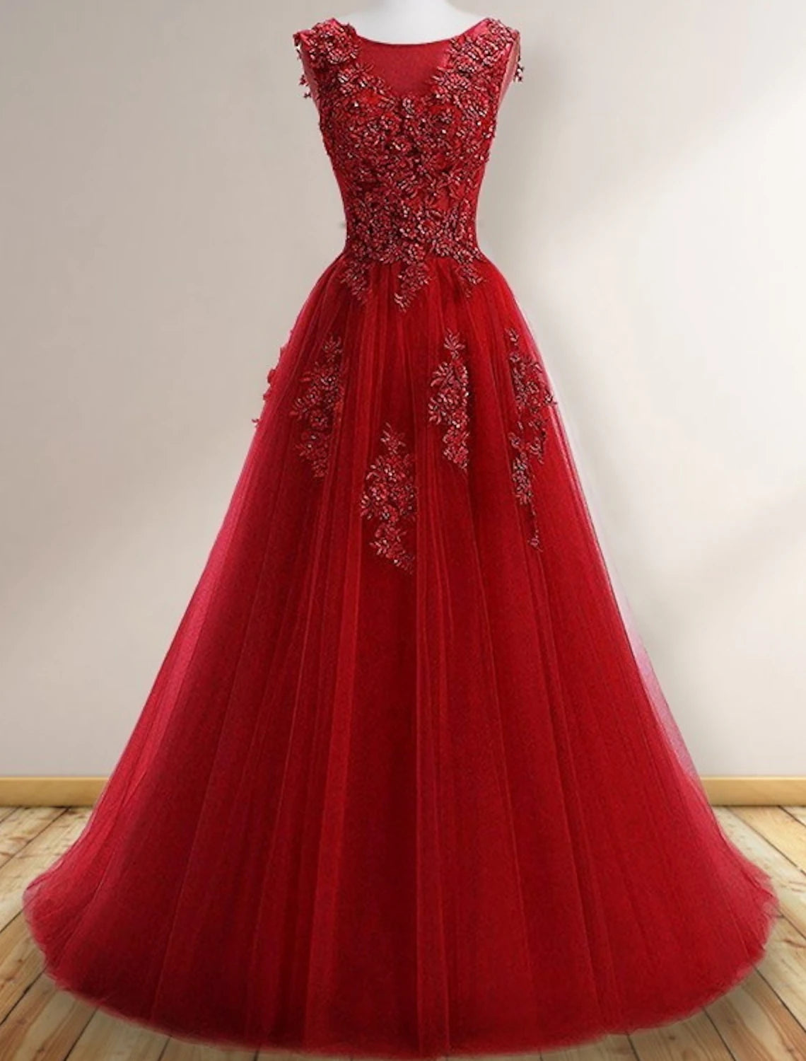 A-Line Prom Dresses Floral Dress Wedding Guest Engagement Sweep / Brush Train Sleeveless Jewel Neck Tulle with Appliques