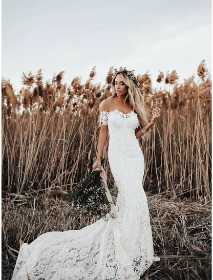 Beach Boho Wedding Dresses Mermaid / Trumpet Off Shoulder Cap Sleeve Chapel Train Lace Bridal Gowns With Appliques