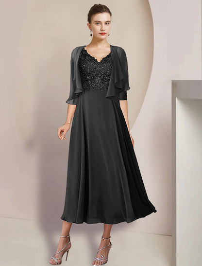 Two Piece A-Line Mother of the Bride Dress Formal Wedding Guest Elegant V Neck Tea Length Chiffon Lace 3/4 Length Sleeve Wrap Included with Appliques